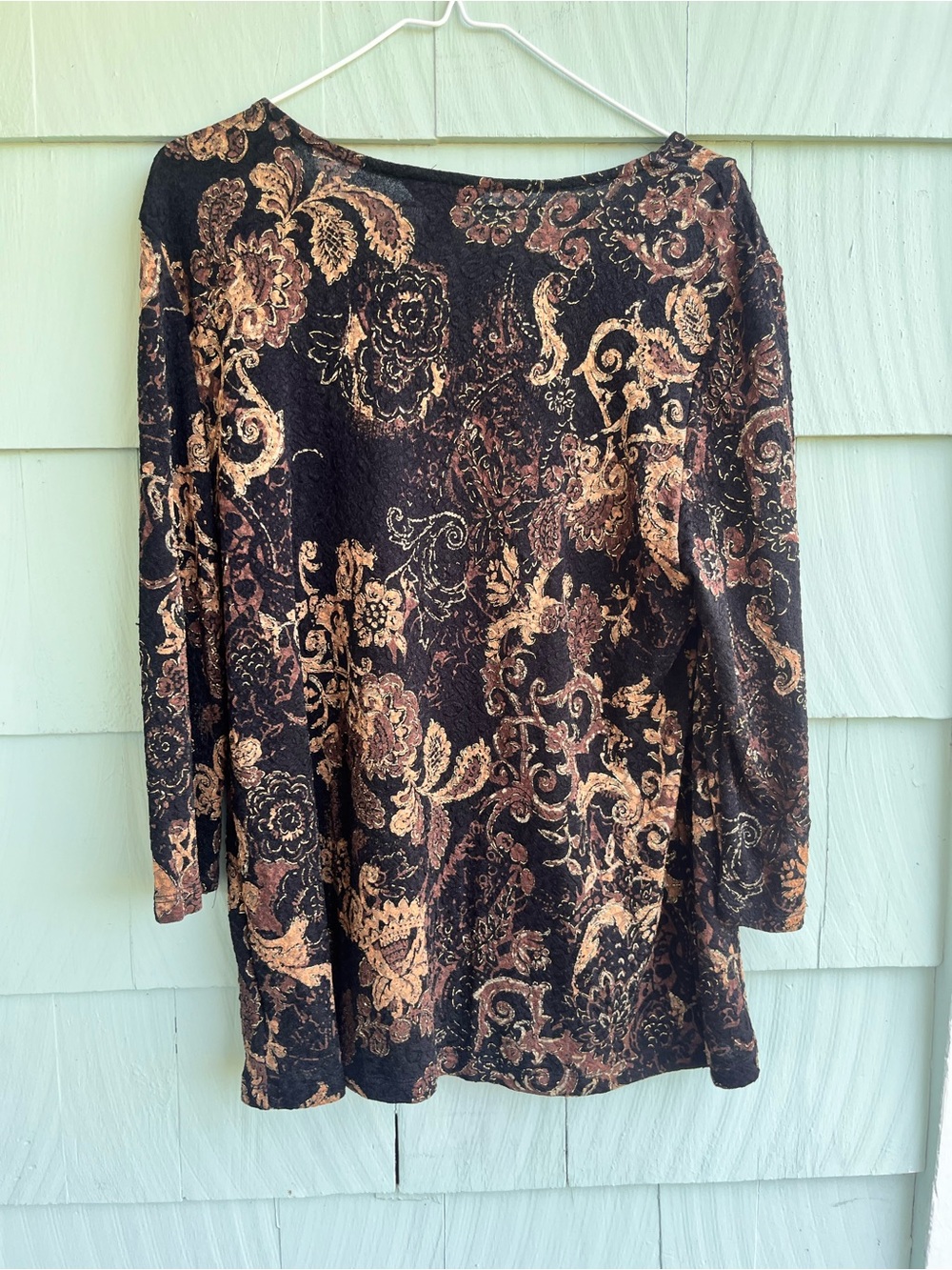 White Stag Black Long-Sleeve Top with Gold-Brown Floral Paisley